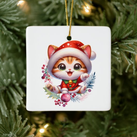 サンタの衣装を着たかわいい子猫クリスマス セラミックオーナメント (ツリー)