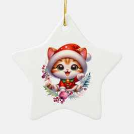 サンタの衣装を着たかわいい子猫クリスマス セラミックオーナメント