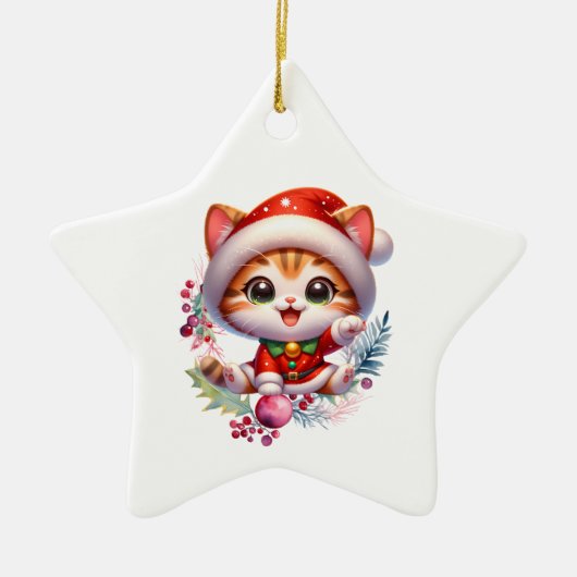 サンタの衣装を着たかわいい子猫クリスマス セラミックオーナメント (正面)