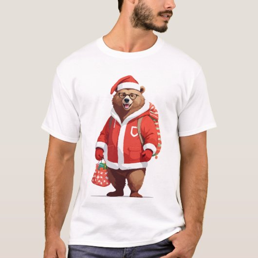 サンタの衣装を着たクマの可愛いおもしろいクリスマスペット Tシャツ (正面)