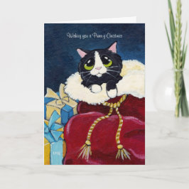 サンタの袋に入ったかわいいタキシード猫クリスマスカード シーズンカード