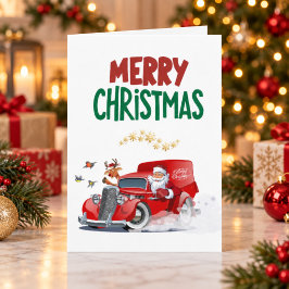 サンタの赤いトラックの折りたたみクリスマスカード(名入れ可能) カード