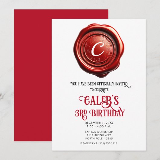 サンタの赤いワックスシール ノースポール クリスマス ホリデー 招待状 (正面/裏面)