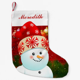 サンタの赤い帽子が付いているベビーの雪だるま スモールクリスマスストッキング