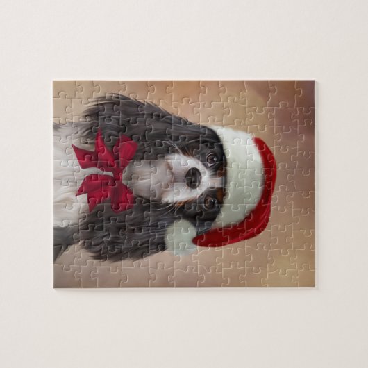 サンタの赤い帽子の無頓着なチャールズ王スパニエル犬 ジグソーパズル (横)