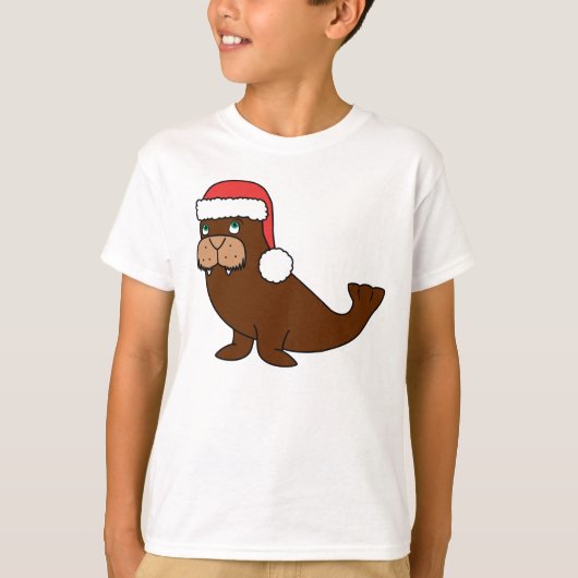 サンタの赤い帽子を持つクリスマスのセイウチ Tシャツ (正面)