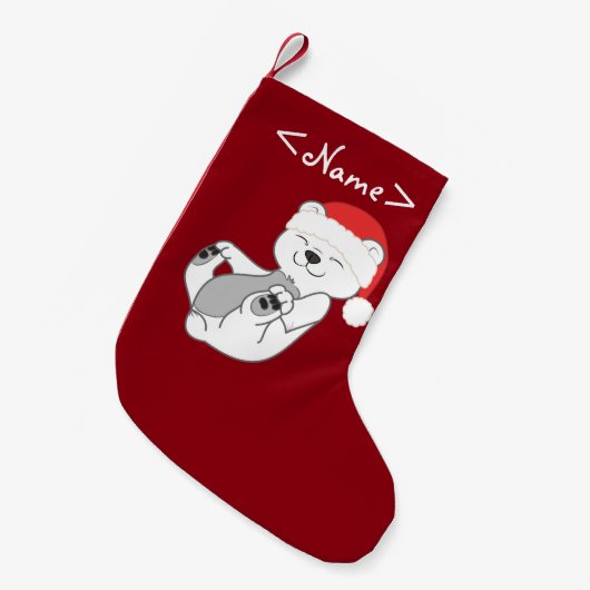 サンタの赤い帽子を持つクリスマスの白くま スモールクリスマスストッキング (正面 (吊り時))