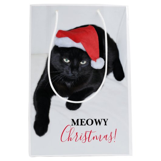 サンタの赤い帽子を持つ猫 ミディアムペーパーバッグ (正面)