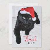 サンタの赤い帽子を持つ黒猫 サンキューカード (正面)