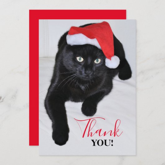 サンタの赤い帽子を持つ黒猫 サンキューカード (正面/裏面)