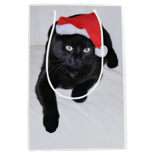 サンタの赤い帽子を持つ黒猫 ミディアムペーパーバッグ (正面)