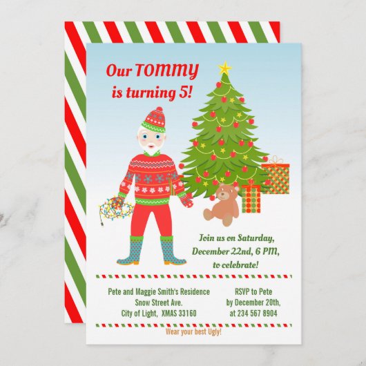 サンタの醜いセーター誕生日パーティーへの招待 招待状 (正面/裏面)