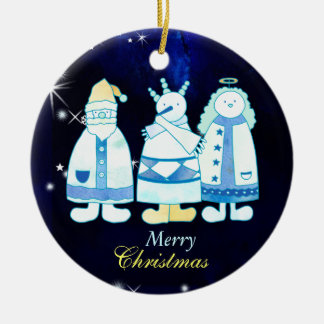 サンタの雪だるまの天使の青いクリスマスツリー セラミックオーナメント