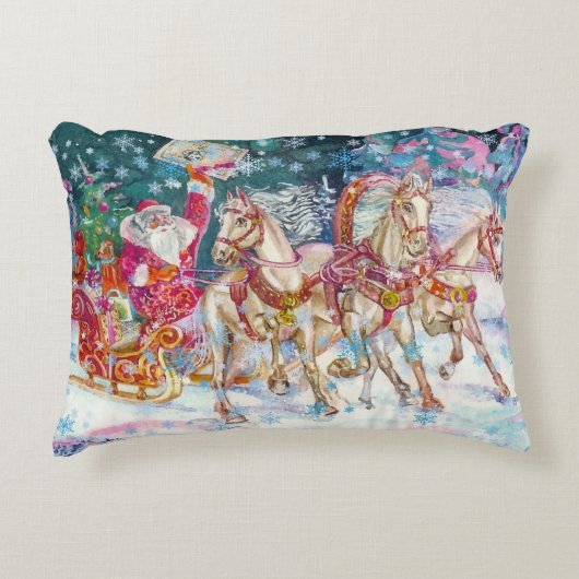 サンタの魔法の馬そり雪のクリスマスナイト アクセントクッション (正面)
