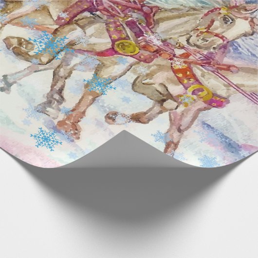 サンタの魔法の馬そり雪のクリスマスナイト ラッピングペーパー (角)