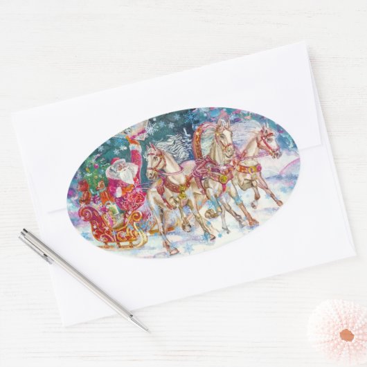 サンタの魔法の馬そり雪のクリスマスナイト 楕円形シール (封筒)