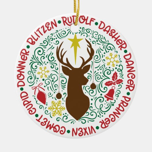 サンタの魔法飛んでいるのトナカイ |クリスマス セラミックオーナメント (正面)