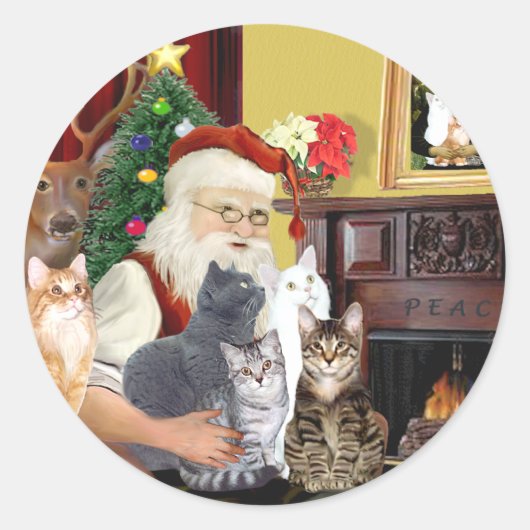 サンタの５匹の猫 ラウンドシール (正面)
