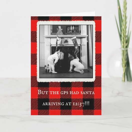 「サンタのGPS」ヴィンテージプレイドクリスマスカード サンキューカード (正面)