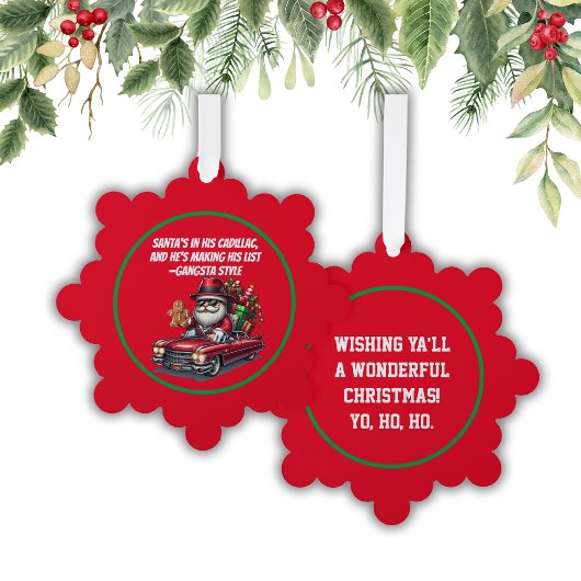 サンタはキャデラックに入っていて、彼はリストを作っている | オーナメントカード