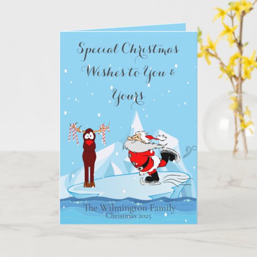 サンタはスケートできない家族の写真クリスマスフォールディング カード (黄色い花)