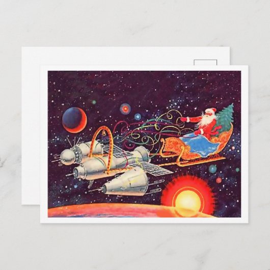 サンタはロケットで飛ぶ,ソ連のヴィンテージ新年 ポストカード (正面/裏面)