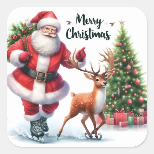 サンタは幸せなトナカイとスケート スクエアシール (正面)
