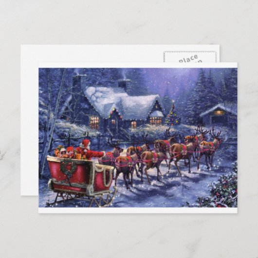 サンタは彼のそりのクリスマスイブを離陸する シーズンポストカード (正面/裏面)