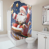 サンタは星の間に飛んでいるそりを持つ シャワーカーテン (インサイチュ)