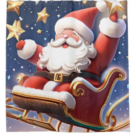 サンタは星の間に飛んでいるそりを持つ シャワーカーテン