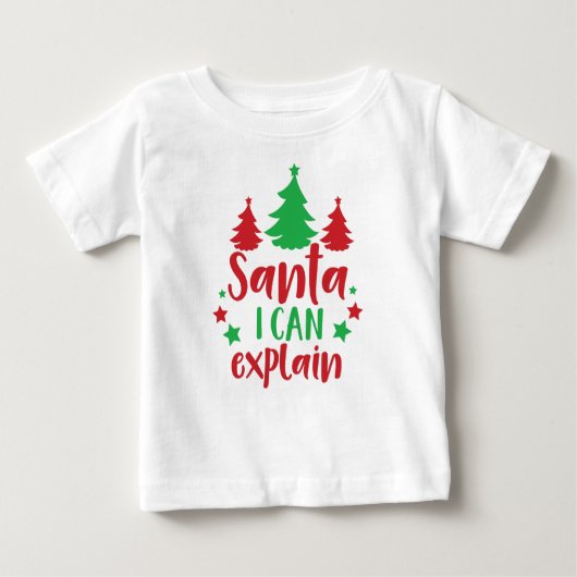サンタは説明できる、木々、星、クリスマス、クリスマス ベビーTシャツ (正面)