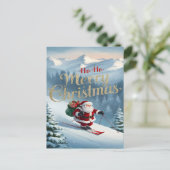 サンタは雪に覆われた斜面をスキーに乗り降りる ポストカード (スタンド正面)