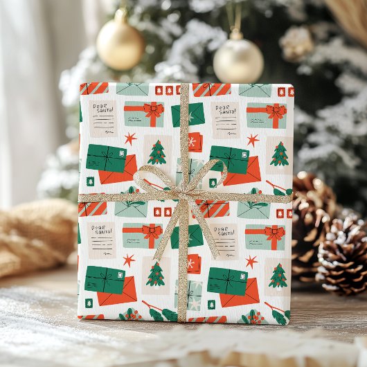 サンタへの手紙 ビンテージクリスマスの郵便物のパターン ラッピングペーパー