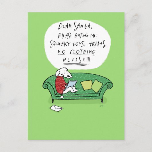 サンタへの犬の手紙 – クリスマスおもしろい漫画 シーズンポストカード (正面)