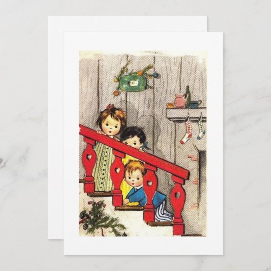 サンタを待っているヴィンテージのクリスマスの子供たち シーズンカード (正面/裏面)