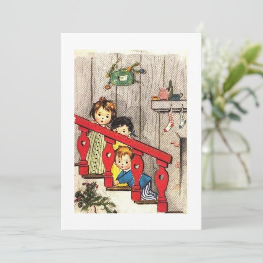 サンタを待っているヴィンテージのクリスマスの子供たち シーズンカード (スタンド正面)