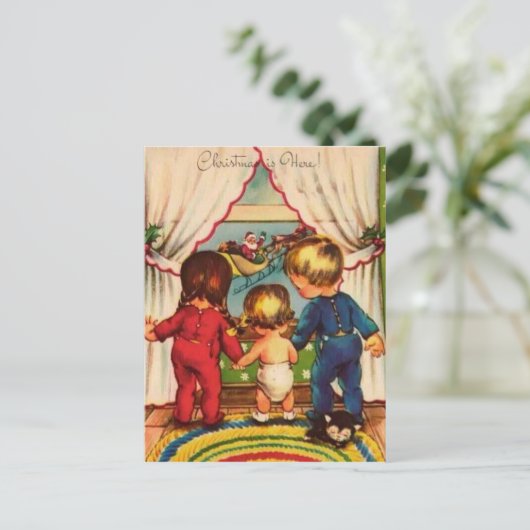 サンタを見ているヴィンテージの子供 シーズンポストカード (スタンド正面)