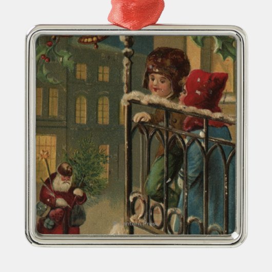 サンタを見るクリスマスGreetingKids メタルオーナメント (正面)