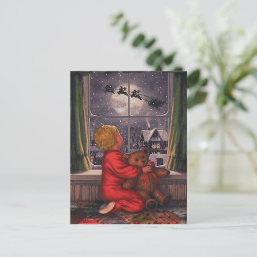 サンタを見るヴィンテージのクリスマスボーイ シーズンポストカード (スタンド正面)