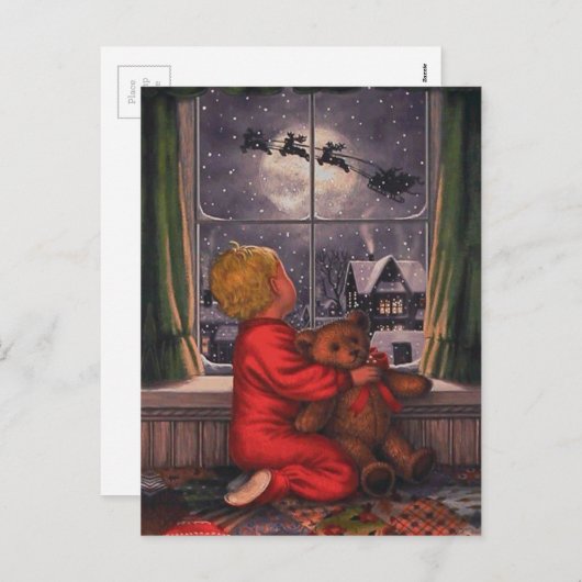 サンタを見るヴィンテージのクリスマスボーイ シーズンポストカード (正面/裏面)
