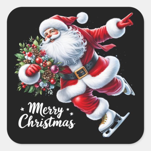 サンタアイススケートで滑るクリスマスに楽しく スクエアシール (正面)