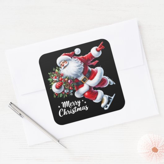 サンタアイススケートで滑るクリスマスに楽しく スクエアシール (封筒)