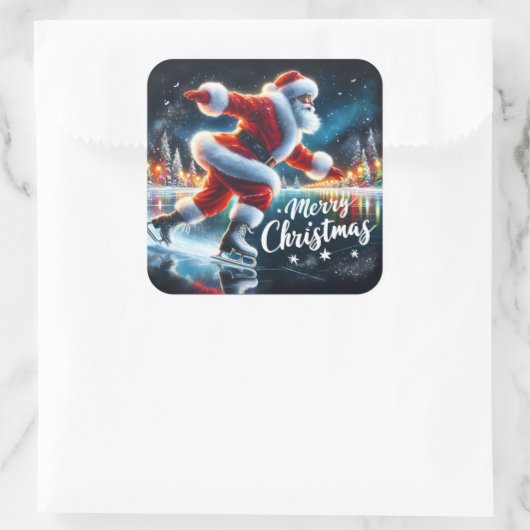 サンタアイススケートで滑るホリデー応援 スクエアシール (バッグ)
