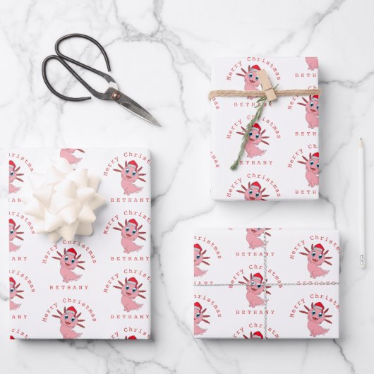 サンタアクソロトルかわいいパターン名メリークリスマス ラッピングペーパーシート (正面)