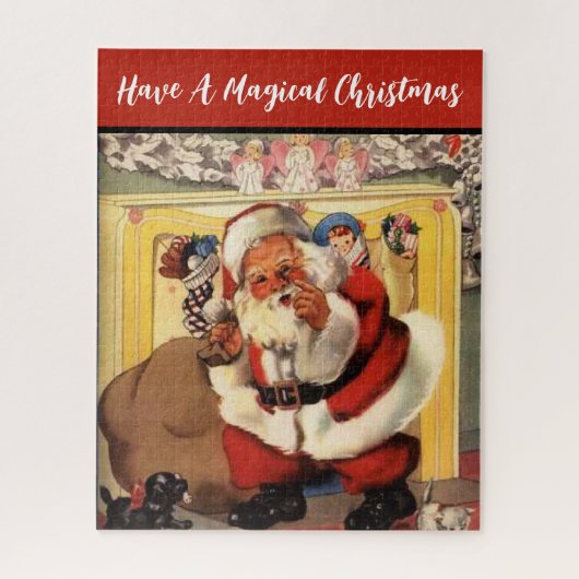サンタアットフィアレスウィズパピーズヴィンテージレトロ ジグソーパズル (縦)