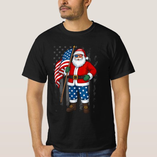 サンタアメリカ国旗のクリスマス（7月） Tシャツ (正面)