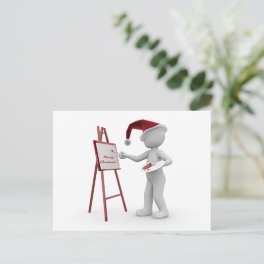 サンタアーティストレッドホワイトメリークリスマスイーゼル絵を描ー シーズンポストカード (スタンド正面)