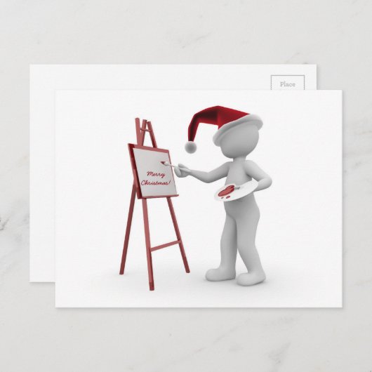 サンタアーティストレッドホワイトメリークリスマスイーゼル絵を描ー シーズンポストカード (正面/裏面)