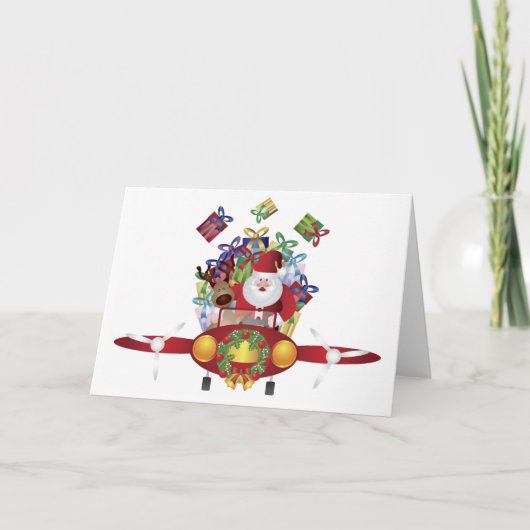 サンタア飛んでいるヴィンテージ飛行機グリーティングカード シーズンカード (正面)