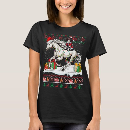 サンタイングリッシュスリンガースパニエル犬ライディングホースクリスマスS Tシャツ (正面)